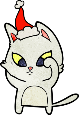 Bir insan tarafından çizilmiş Noel Baba şapkası takan bir kedinin çizilmiş kafası karışmış.