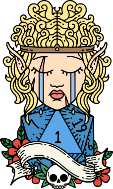 Retro Dövme Tarzı Ağlayan Elf Barbar Karakteri Bir D20 rulosu Bir insan tarafından çizilmiş