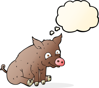 Bir insan tarafından çizilmiş düşünce baloncuklu mutlu domuz.