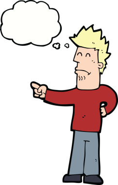 Bir insan tarafından çizilen düşünce baloncuğuyla işaret eden çizgi film adamı.