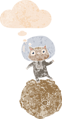 Grunge 'da düşünce baloncuğu olan sevimli astronot kedisi bir insan tarafından çizilmiş tedirgin, desenli bir stil.