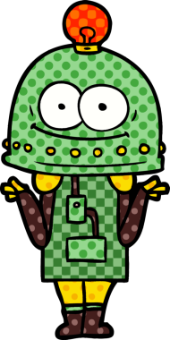 Bir insan tarafından çizilmiş ampullü mutlu karton robot.