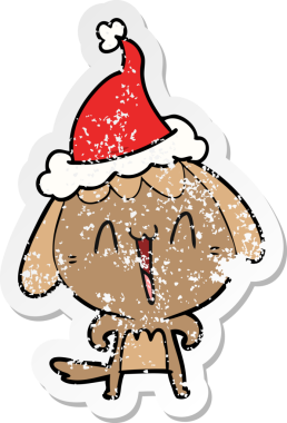 Bir insan tarafından çizilmiş Noel Baba şapkası takan bir köpeğin üzgün çıkartması çizilmiş şirin bir el.