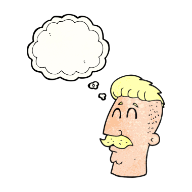El yazısıyla çizilmiş düşünce kabarcığı desenli, hippi saçlı çizgi film adamı bir insan tarafından çizilmiş.