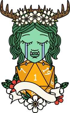 Retro Dövme Tarzı Ağlayan Ork barbar karakter yüzü ve bir insan tarafından çizilmiş doğal bir D20 rulo