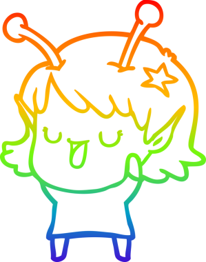 Gökkuşağı gradyan çizgisi mutlu uzaylı kız çizgi filmi bir insan tarafından çizilmiş.