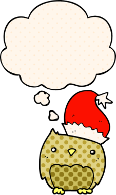 Bir insan tarafından çizilmiş çizgi roman tarzında düşünce baloncuğu olan şirin noel baykuşu.