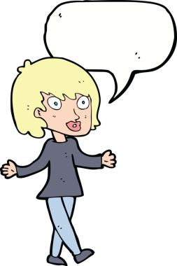 Bir insan tarafından çizilmiş konuşma balonlu açık kollu çizgi film kadını.