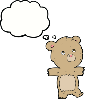 Bir insan tarafından çizilmiş düşünce baloncuklu şirin oyuncak ayı.