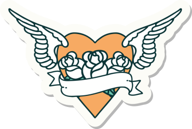 Geleneksel kalp stili dövme çıkartması. Kanatları, çiçekleri ve insan sancağıyla çizilmiş.