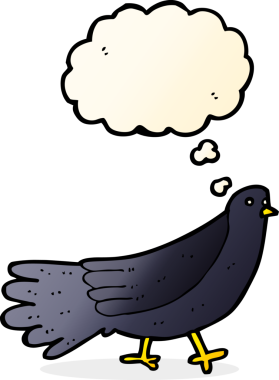 Bir insan tarafından çizilmiş düşünce baloncuklu çizgi film kuşu.