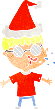 Bir insan tarafından çizilmiş Noel Baba şapkası takan gözlüklü bir çocuğun el çizimi karikatürü