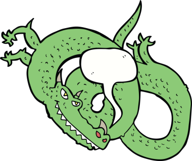 Bir insan tarafından çizilmiş konuşma balonlu çizgi film ejderhası.