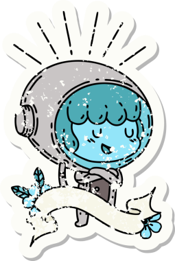 Bir insan tarafından çizilmiş astronot kıyafetli dövme stili bir kadının eski çıkartması.