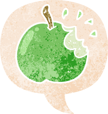 Bir insan tarafından çizilmiş grunge dertli retro biçimli konuşma balonu ile ısırılmış elma çizgi filmi