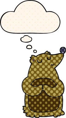 Çizgi roman tarzında bir insan tarafından çizilmiş düşünce kabarcığı olan çizgi film ayısı.