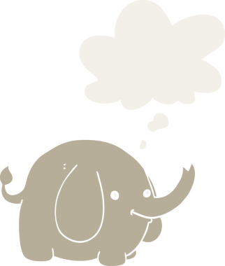 Düşünce baloncuğu olan karikatür fili insan tarafından çizilmiş.