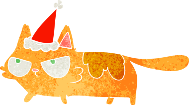 Bir insan tarafından çizilmiş Noel Baba şapkası giymiş kızgın bir kedinin el çizimi karikatürü.