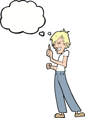 Bir insan tarafından çizilmiş düşünce baloncuğuyla tartışan kızgın bir adam.