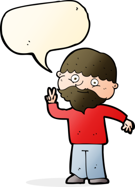 Bir insan tarafından çizilmiş konuşma balonuyla barış işareti yapan çizgi film adamı.