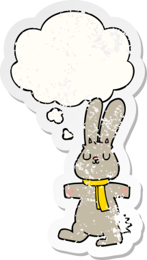 Düşünce baloncuğu olan çizgi film tavşanı insan tarafından çizilmiş yıpranmış bir çıkartma.