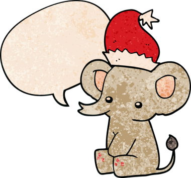 Bir insan tarafından çizilmiş geçmişe dönük konuşma baloncuklu şirin noel fili.