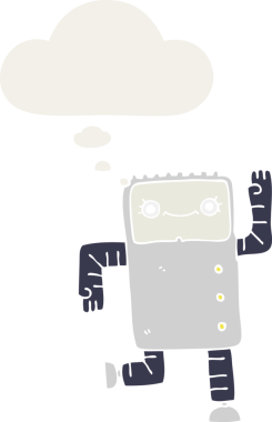 Düşünce baloncuğu olan karikatür robotu insan tarafından çizilmiş.