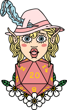 Retro Dövme Tarzı Elf karakteri Bir insan tarafından çizilmiş doğal yirmi zar ile