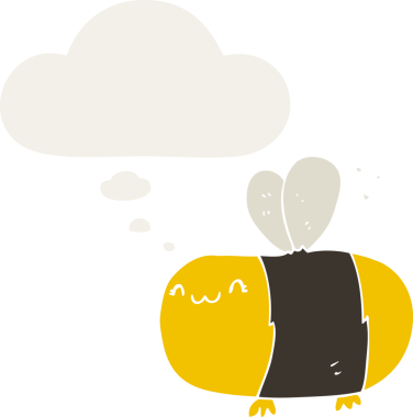 Düşünce baloncuğu olan sevimli çizgi film arısı insan tarafından çizilmiş.