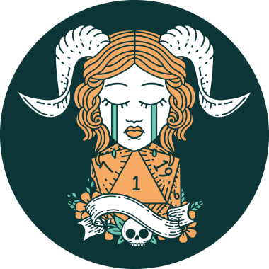 Ağlama ikonu, bir insan tarafından çizilmiş doğal bir D20 zar ile bağlanıyor.