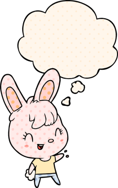 Çizgi roman tarzında bir insan tarafından çizilmiş düşünce kabarcığı olan çizgi film tavşanı.