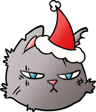 Bir insan tarafından çizilmiş Noel Baba şapkası takan sert bir kedi suratının gradyan çizimi.