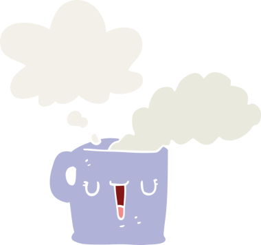 Düşünce baloncuklu bir fincan sıcak kahve insan tarafından çizilmiş.