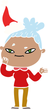 Bir insan tarafından çizilmiş Noel Baba şapkası takan bir kadının düz renkli çizimi.