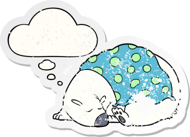 Karikatür kutup ayısı, insan tarafından çizilmiş yıpranmış bir çıkartma gibi düşünce baloncuğuyla uyuyor.