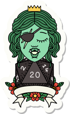 Bir insan tarafından çizilmiş 20 zarlı yarı ork haydut bir karakterin çıkartması.