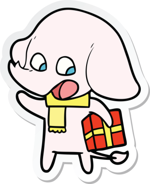 Bir insan tarafından çizilmiş Noel hediyeli şirin bir filin çıkartması.