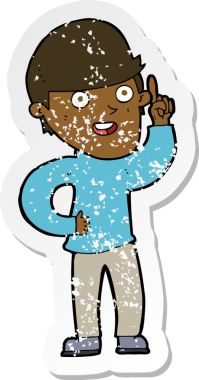 İnsan tarafından çizilmiş bir fikri olan karikatürist bir çocuğun gerilimli retro yapıştırması.