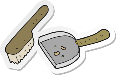 Bir insan tarafından çizilmiş karikatür tozu ve fırça etiketi.