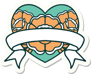 Geleneksel kalp stili dövme çıkartması ve bir insan tarafından çizilmiş çiçekli pankart.