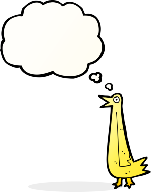 Bir insan tarafından çizilmiş düşünce baloncuklu komik çizgi film kuşu.