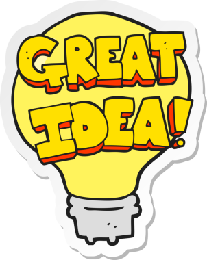 Bir çizgi filmin çıkartması. Bir insan tarafından çizilmiş harika bir fikir ampul sembolü.