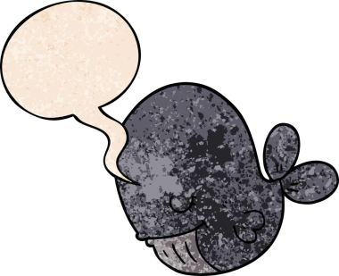 Konuşma baloncuğu olan karikatür balinası insan tarafından çizilmiş.