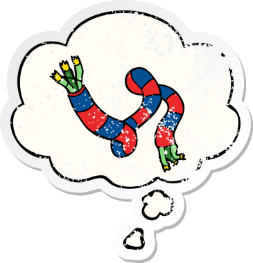 Düşünce baloncuğu olan karikatür teknolojisi kablosu bir insan tarafından çizilmiş yıpranmış bir çıkartma.