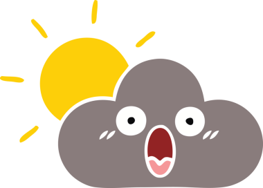 Bir fırtına bulutu ve bir insan tarafından çizilen güneşin düz renkli retro karikatürü