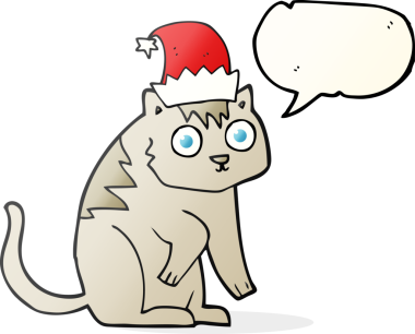 Bir insan tarafından çizilmiş Noel şapkası takan serbest konuşma balonu çizgi filmi kedisi.