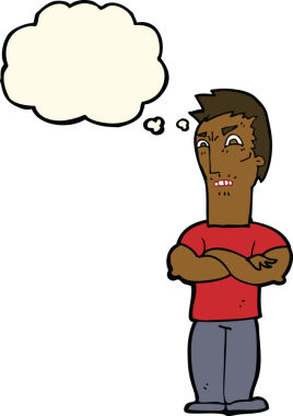 Bir insan tarafından çizilmiş düşünce baloncuğuyla kollarını kavuşturmuş, rahatsız bir adam.