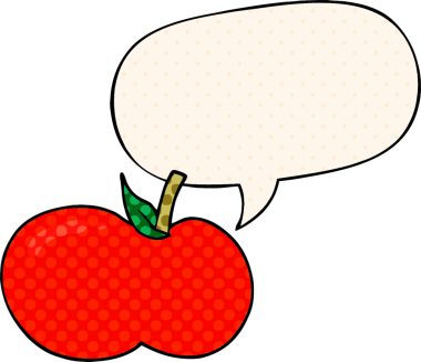 bir insan tarafından çizilmiş çizgi roman tarzında konuşma baloncuklu çizgi film elması.