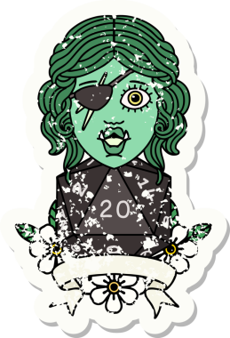 Bir insan tarafından çizilmiş 20 zarlı yarım ork haydut karakterinin grunge sticker 'ı.