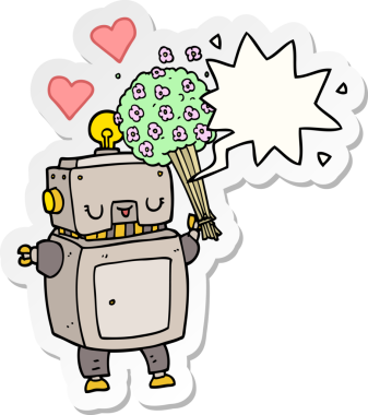 Bir insan tarafından çizilmiş konuşma balonu çıkartmasına aşık çizgi film robotu.